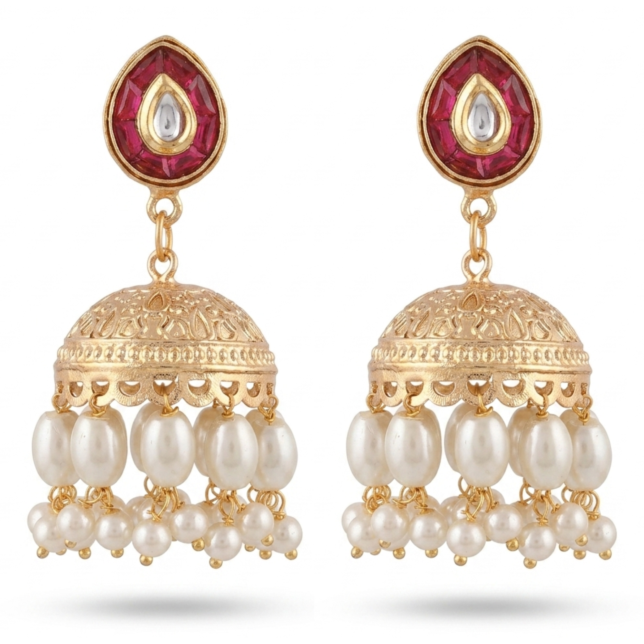 Traditional Gold-Plated Ruby & Pearl Jhumka Earrings