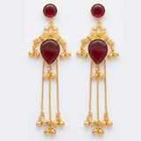 Antique Gold-Plated Ruby Bird Motif Long Dangle Earrings