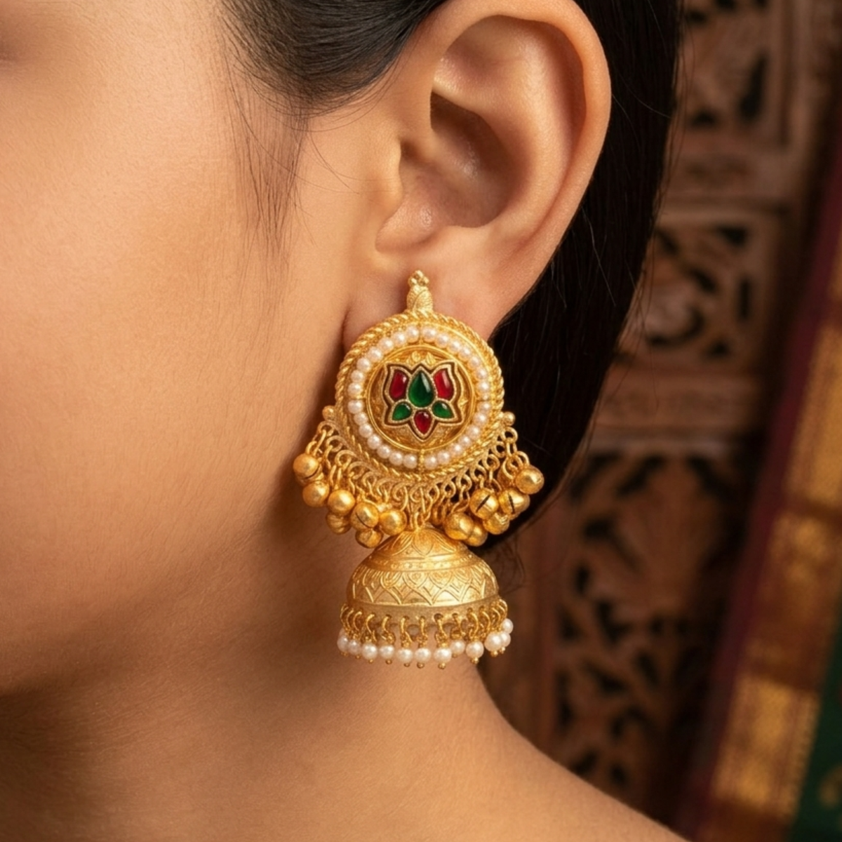 Royal Lotus Enamel & Pearl Jhumkas