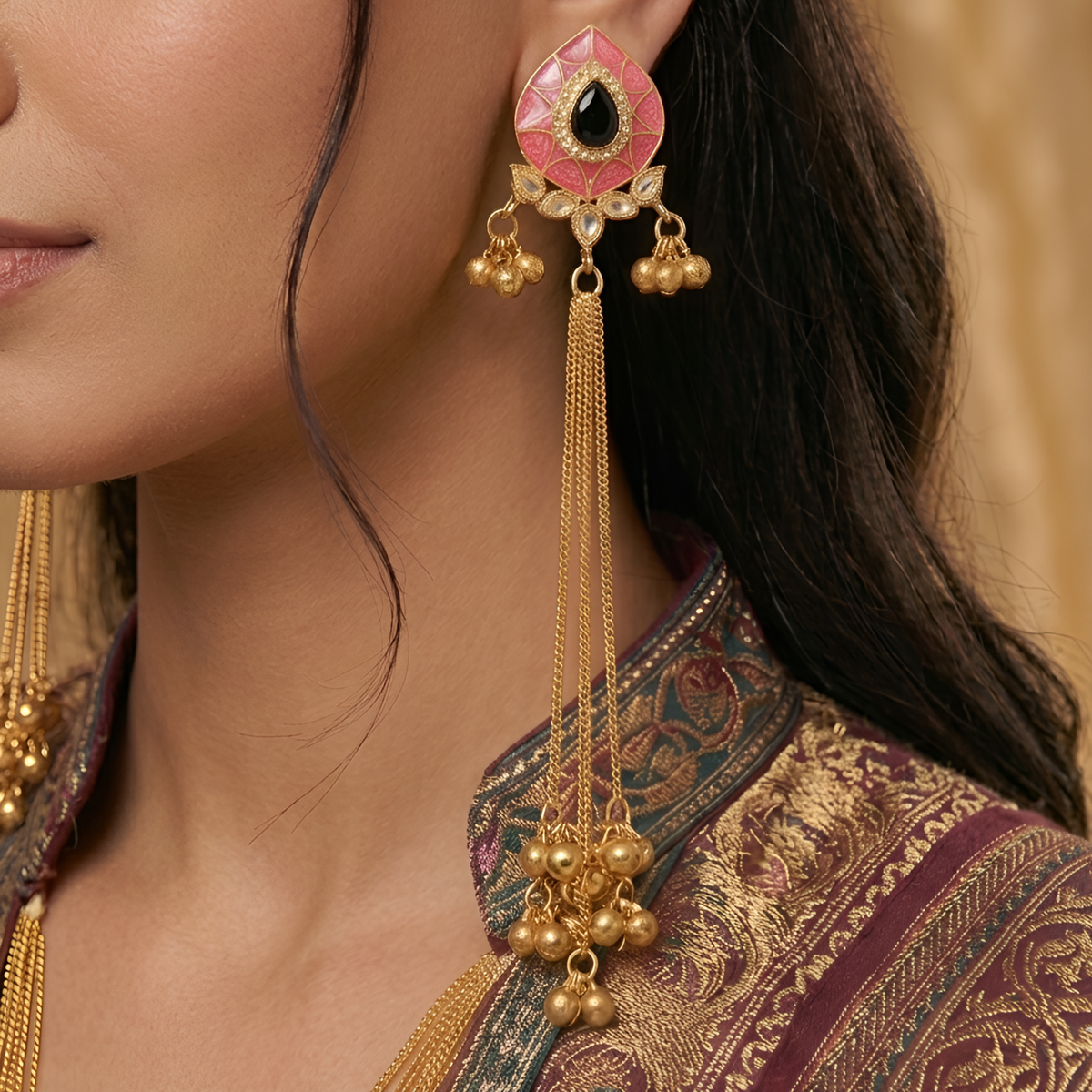Artisan Pink & Gold-Plated Statement Drop Earrings