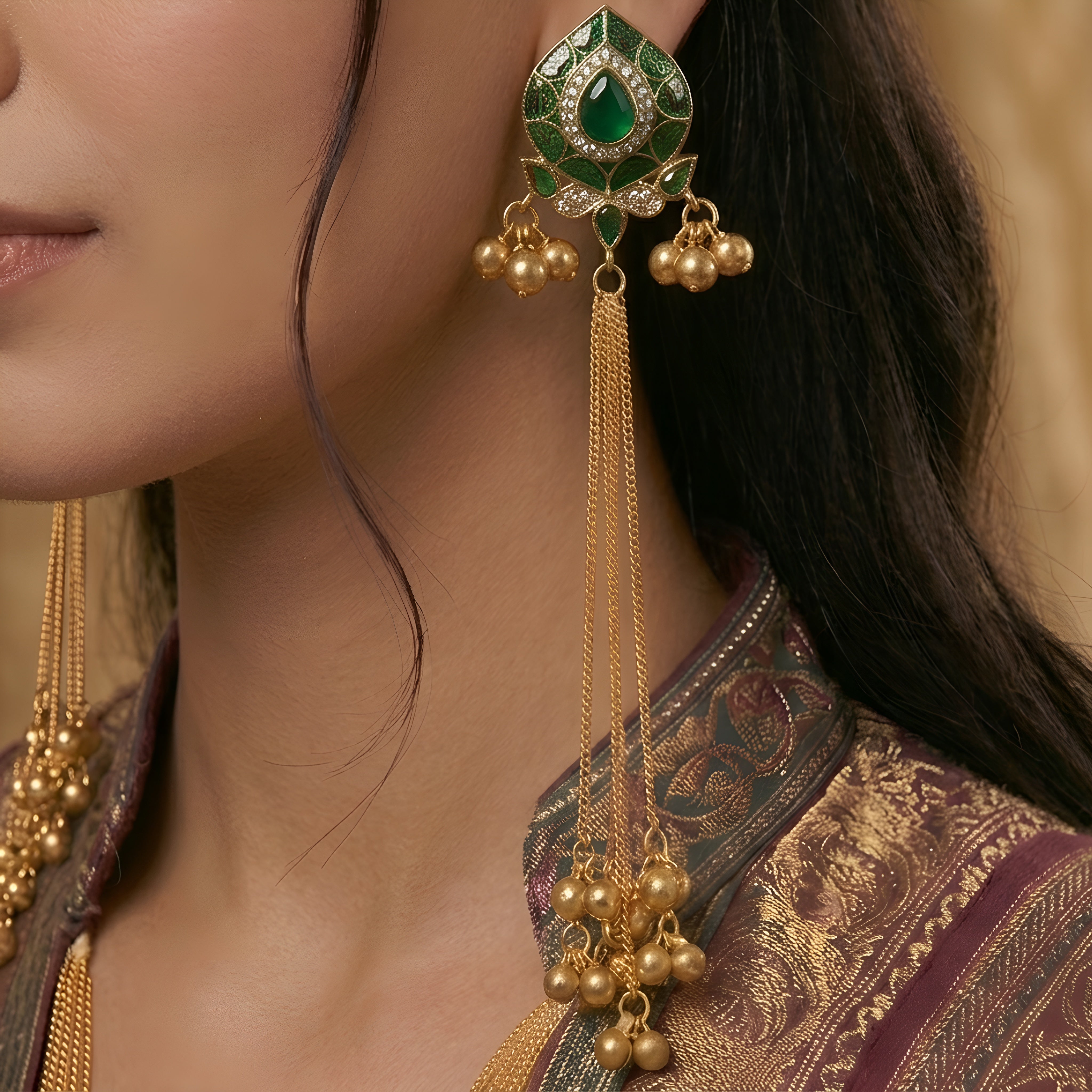 Artisan Gold-Plated Statement Earrings with Green Meenakari Detailing