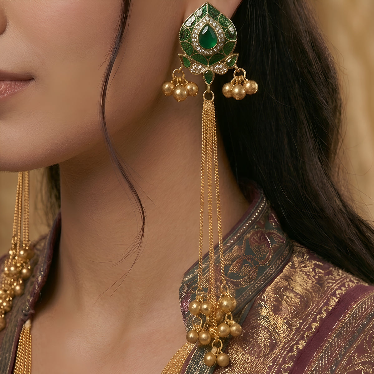 Artisan Gold-Plated Statement Earrings with Green Meenakari Detailing