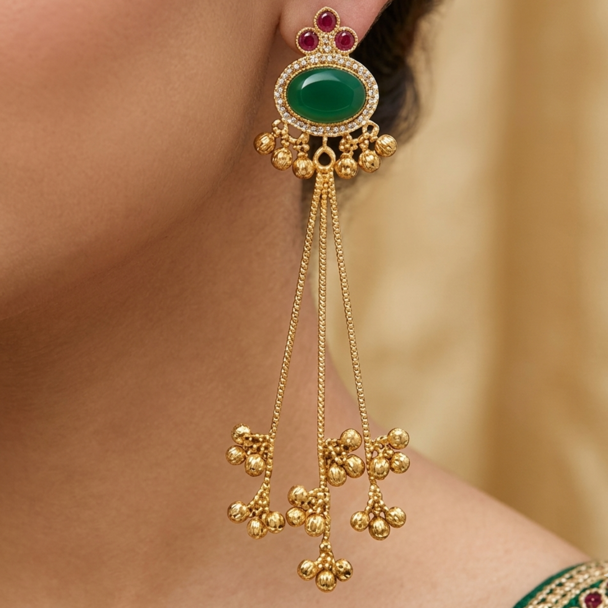 Long Chain Drop Earrings with Emerald Green Stone and Dangling Ghungroos
