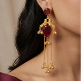 Antique Gold-Plated Ruby Bird Motif Long Dangle Earrings