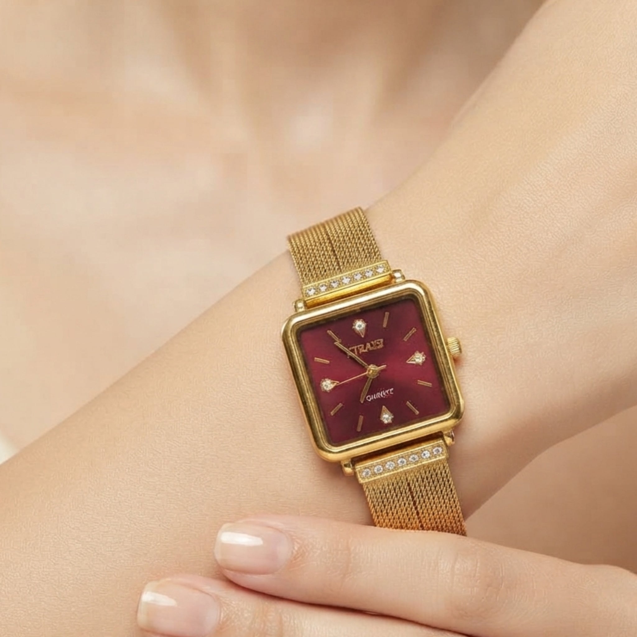 Women's Gold-Tone Square Quartz Watch with Deep Red Dial and Crystal Accents