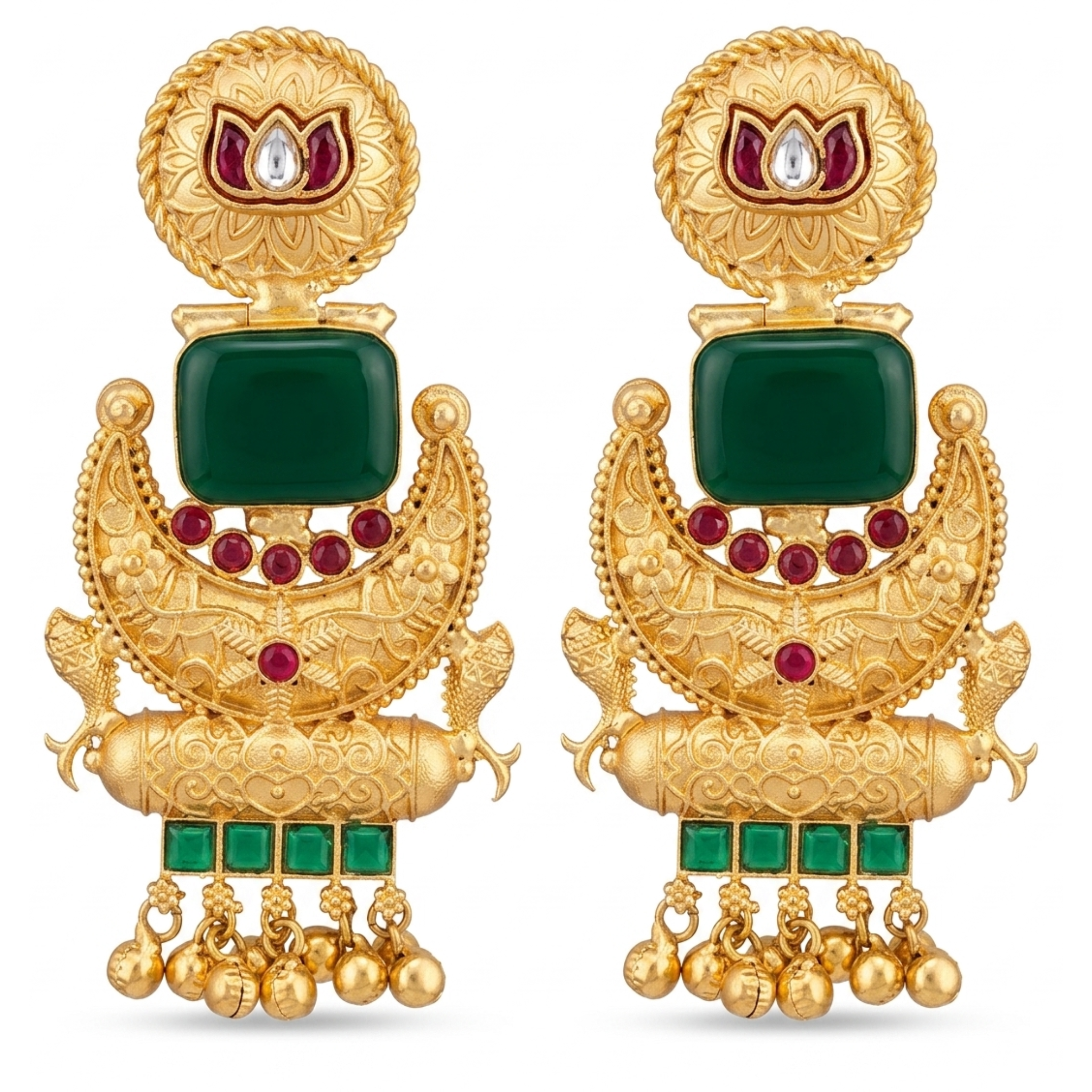 Chandbali Earrings with Royal Ruby Red & Emerald Green Stone Accents
