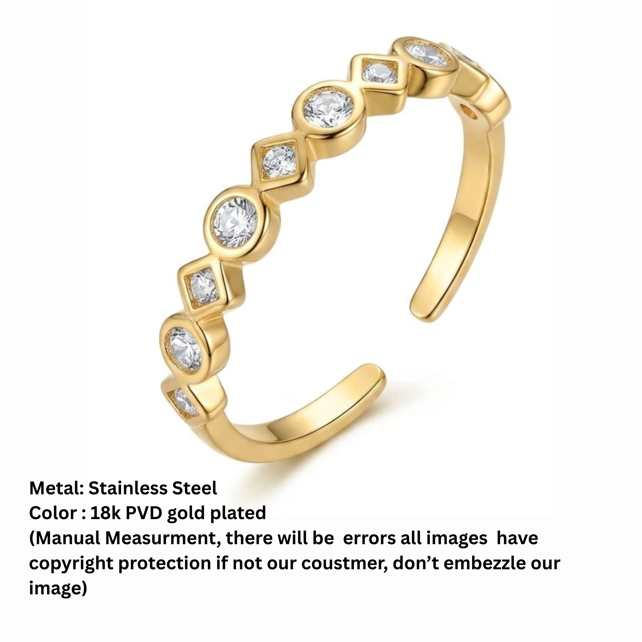 18K Gold Plated Alternating Round and Square Stone Open Ring