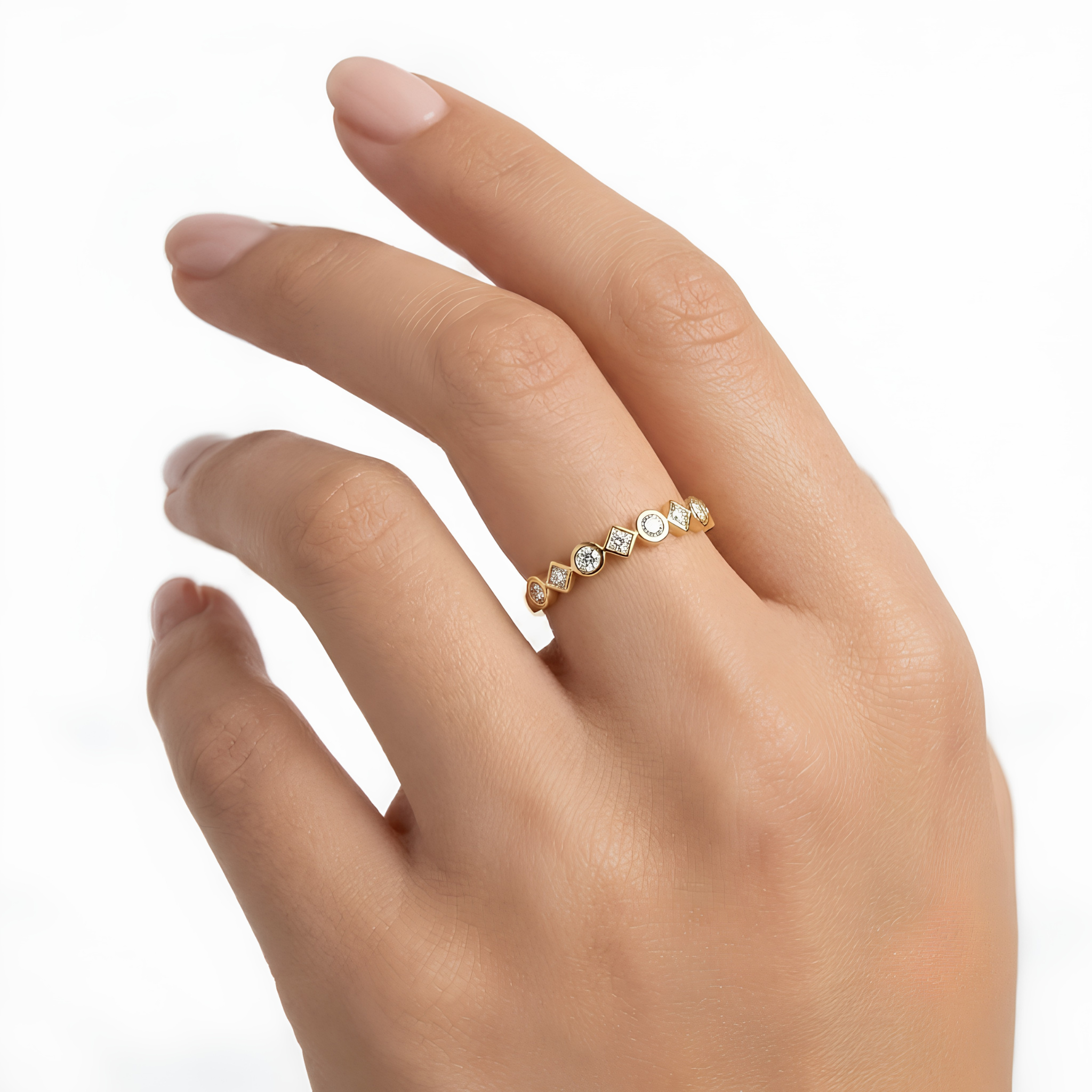 18K Gold Plated Alternating Round and Square Stone Open Ring