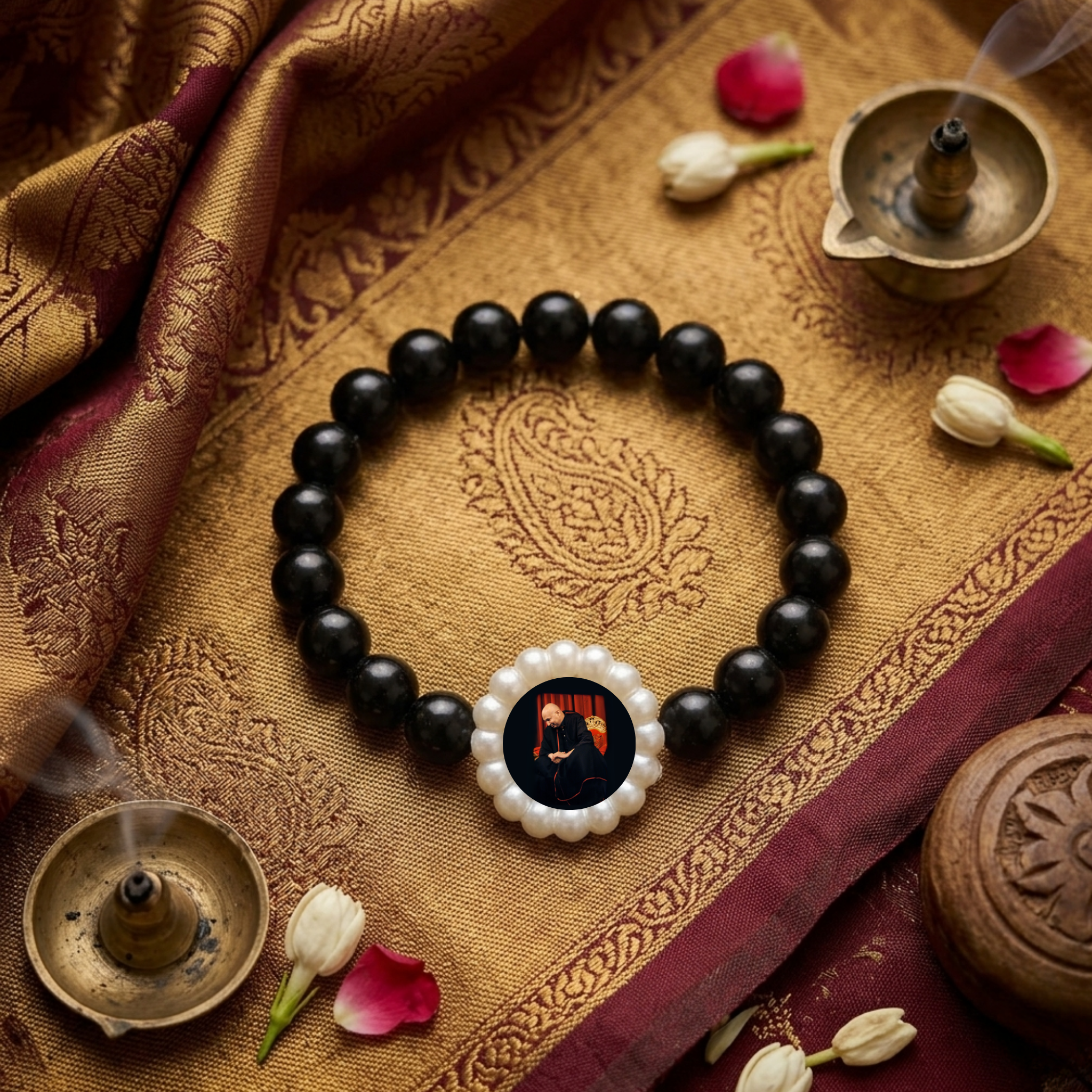 Guru Ji Divine Protection Sleek Black Onyx & Pearl Swaroop Bracelet