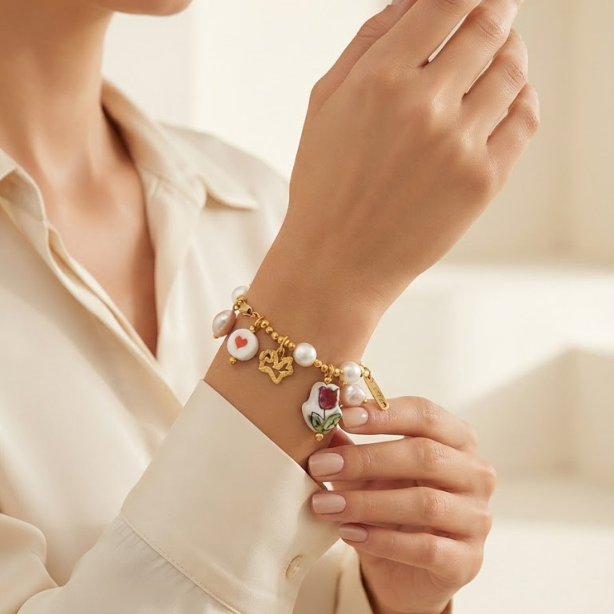 Aethel 18K Gold-Plated Pearl & Charming Motif Bracelet