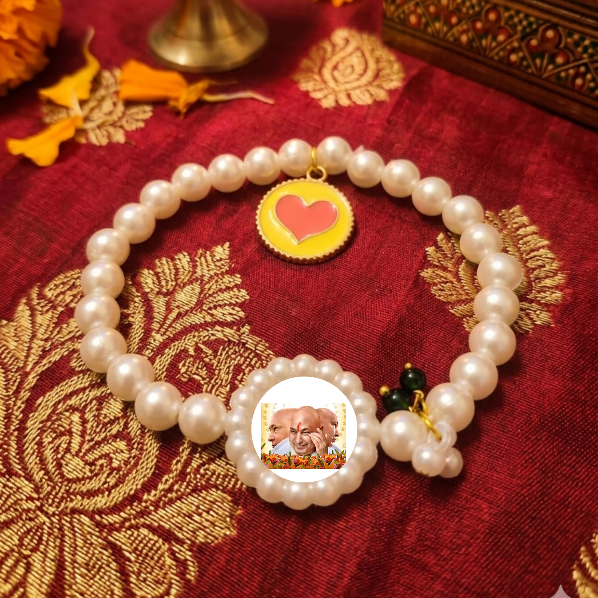Sacred Devotional Kada with Heart Charm & Dark Green Bead Accents