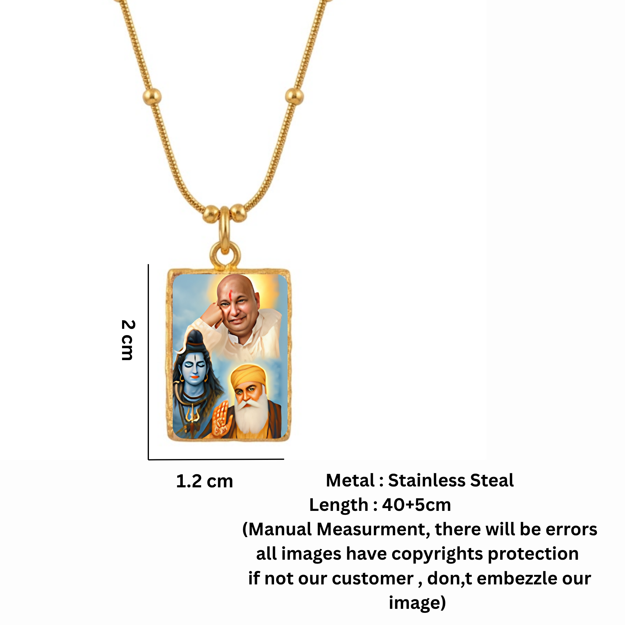 18K Gold Plated Guruji, Lord Shiva & Guru Nanak Dev Ji Divine Blessing Pendant Necklace