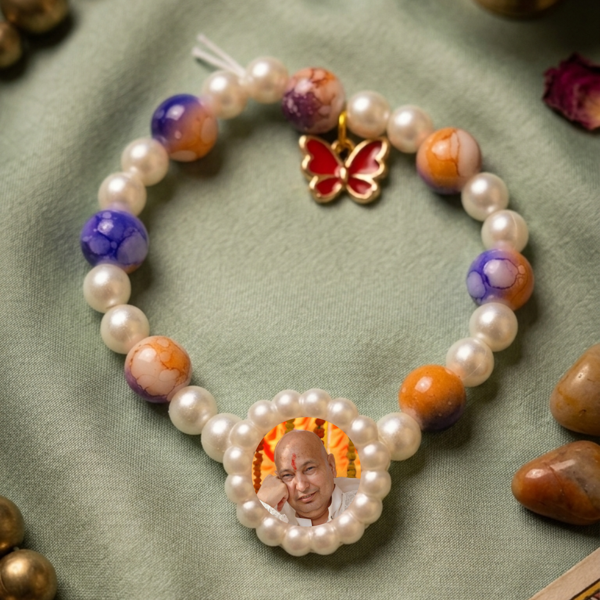Spiritual Beaded Kada with Butterfly Charm & Guru Ji Photo
