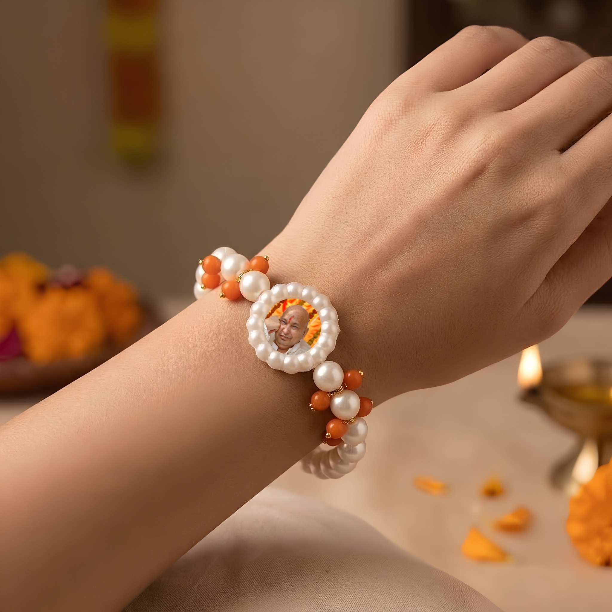Sacred Divine Blessings Personalized Photo Pearl & Coral Devotional Bracelet