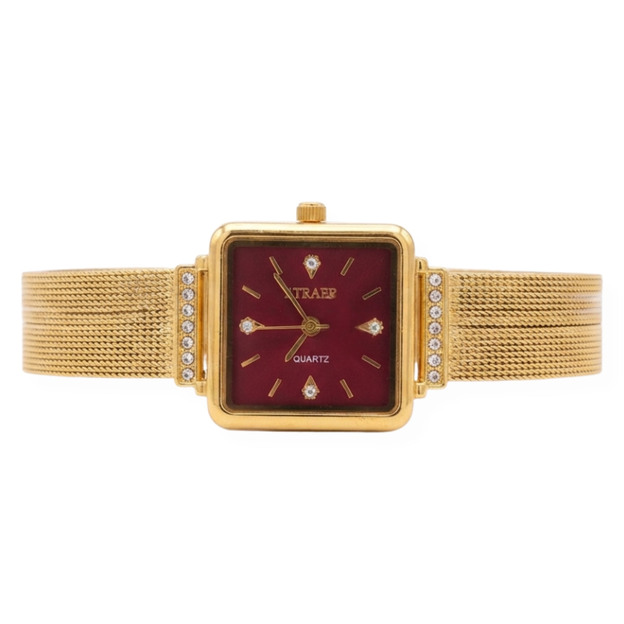 Women's Gold-Tone Square Quartz Watch with Deep Red Dial and Crystal Accents