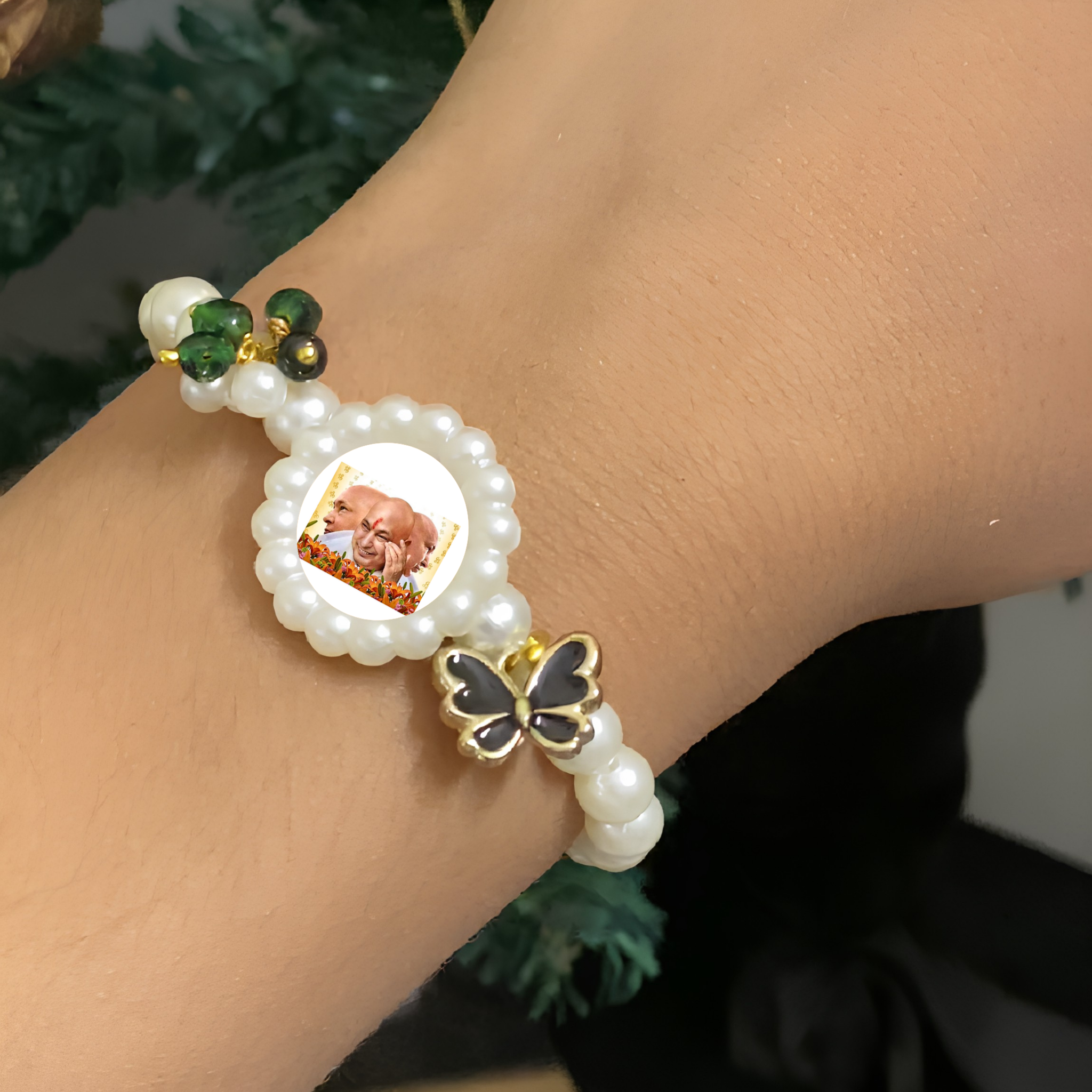 Sacred Devotional Kada with Black Butterfly Charm & Green Bead Accents