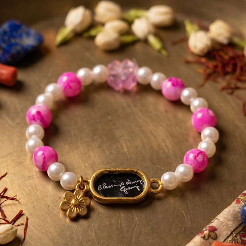 "Blessings Always Guruji" Floral Charm Pearl & Pink Agate Bracelet