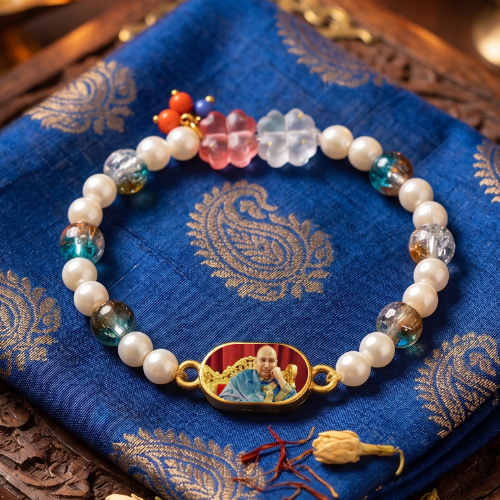 Spiritual Devotion Guruji Medallion & Crystal Bead Bracelet