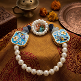 Devotional Guruji Photo Pearl Bracelet – Meenakari Peacock & Gemstone Stretch Bracelet