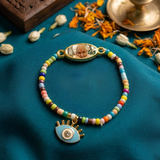 Devotional Guruji Photo Charm Bracelet – Multi-Color Seed Beads with Evil Eye Protection Pendant