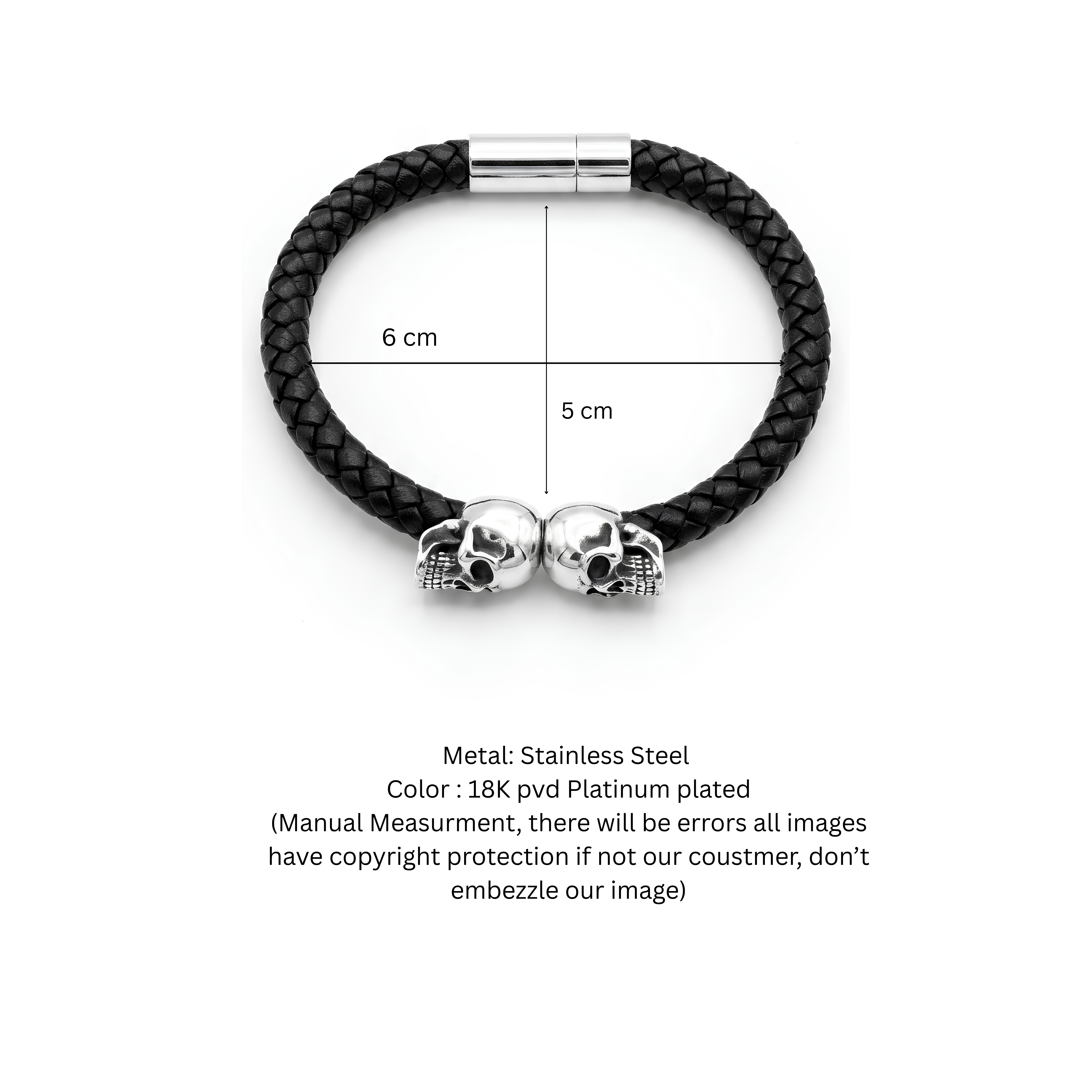 Dual Skull Braided Leather Men's Bracelet