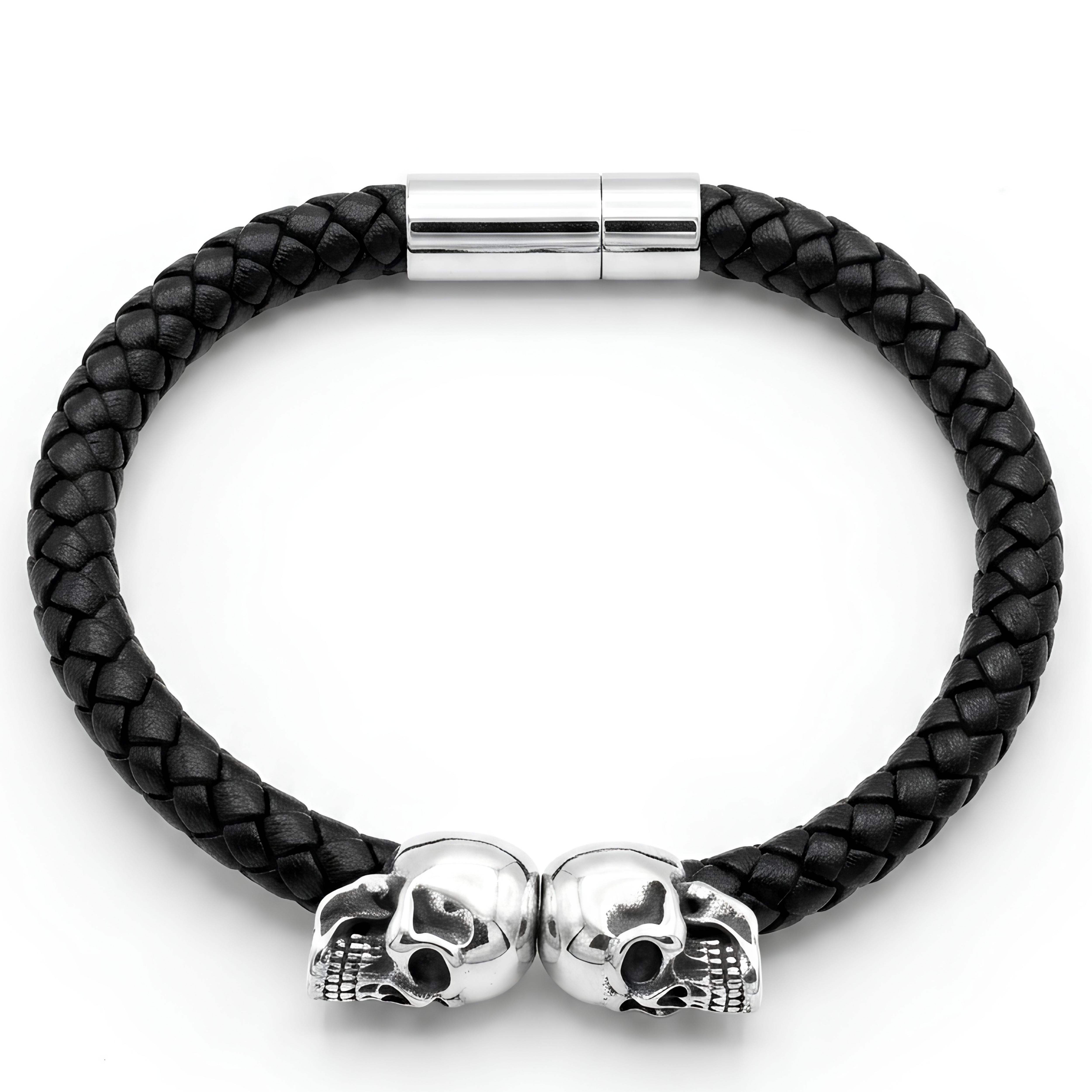 Dual Skull Braided Leather Men's Bracelet