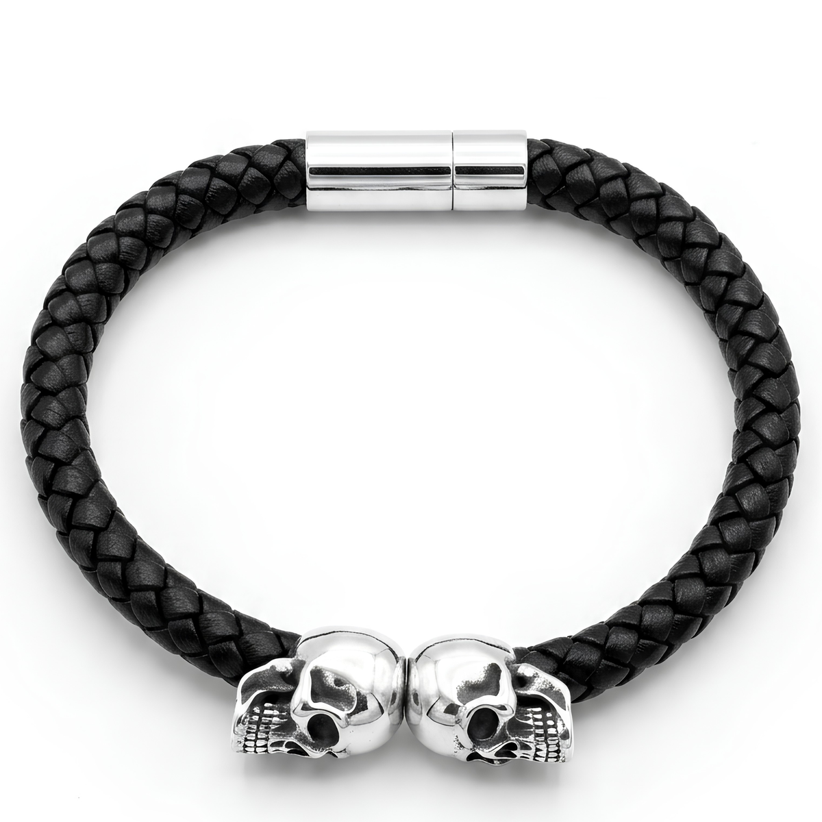 Dual Skull Braided Leather Men's Bracelet
