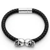 Dual Skull Braided Leather Men's Bracelet