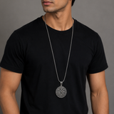 Nordic Rune Compass Pendant Necklace – Platinum Plated Stainless Steel Viking Medallion