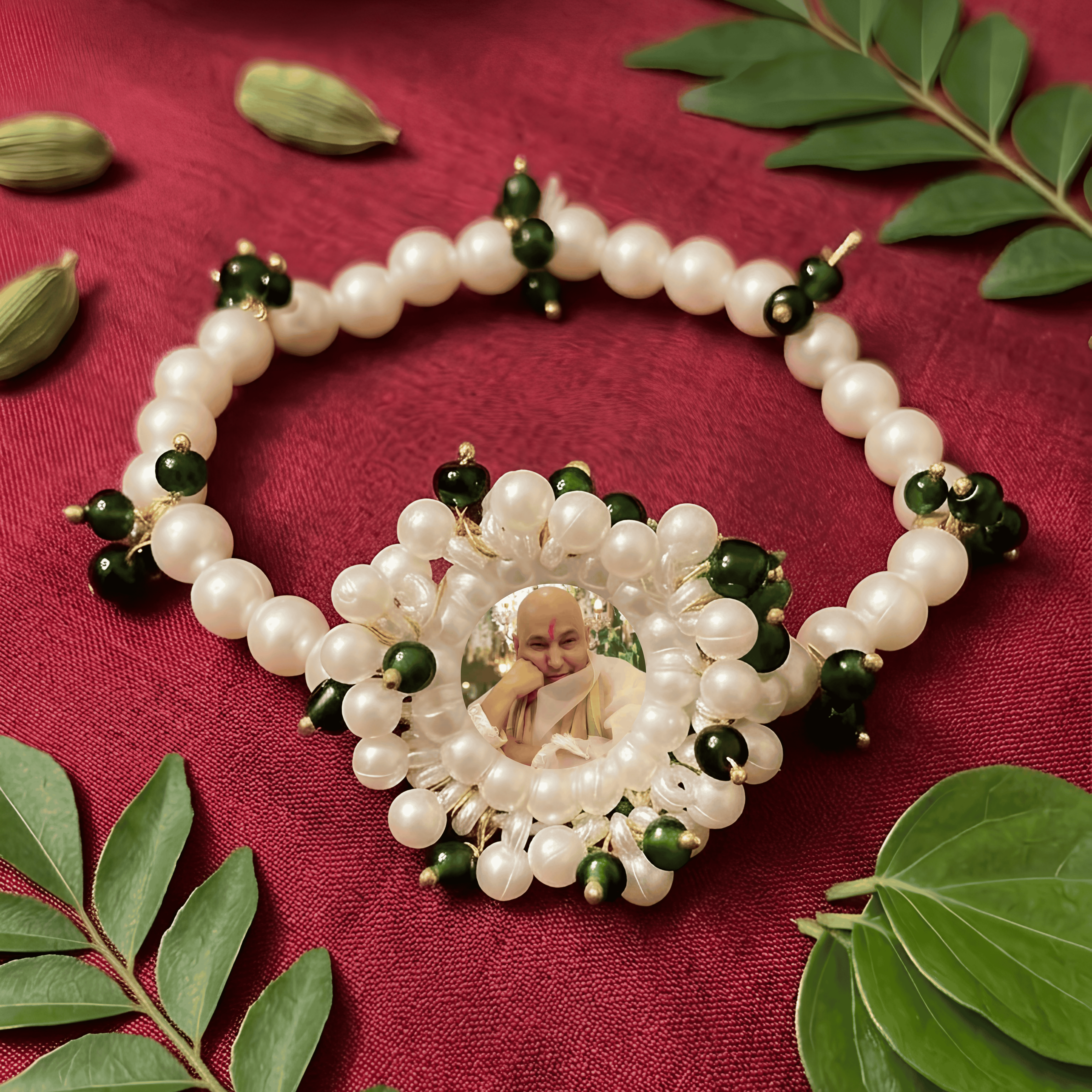 Serene Pearl & Emerald Devotional Bracelet – Elegant White Beaded Spiritual Guruji Blessing