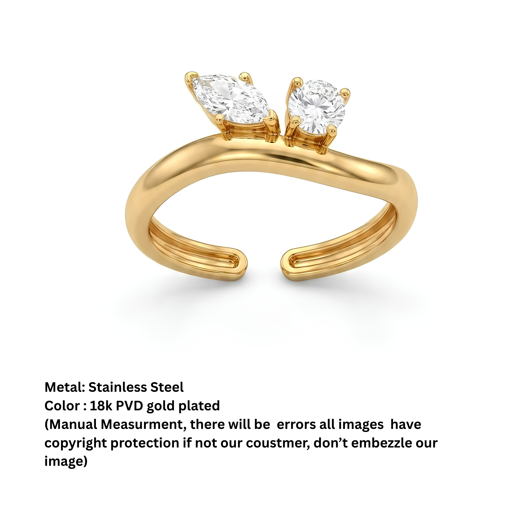 Anti-Tarnish Gold Plated Platinum Double Stone Open Ring