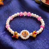 Handcrafted Devotional Pearl & Pink Crackle Glass Bead Bracelet with Floral Photo Medallion