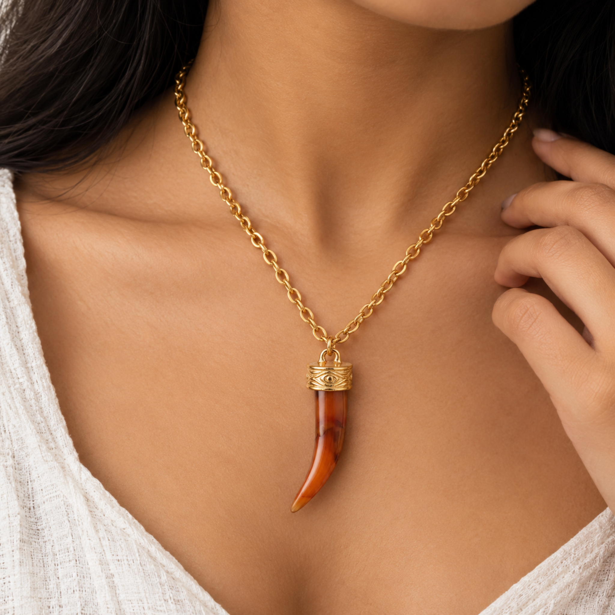 18K Gold Plated Horn Pendant Necklace with Engraved Evil Eye Cap
