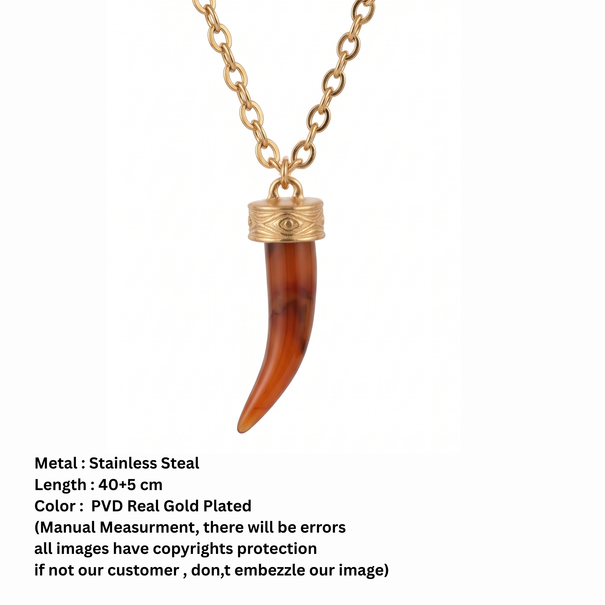 18K Gold Plated Horn Pendant Necklace with Engraved Evil Eye Cap