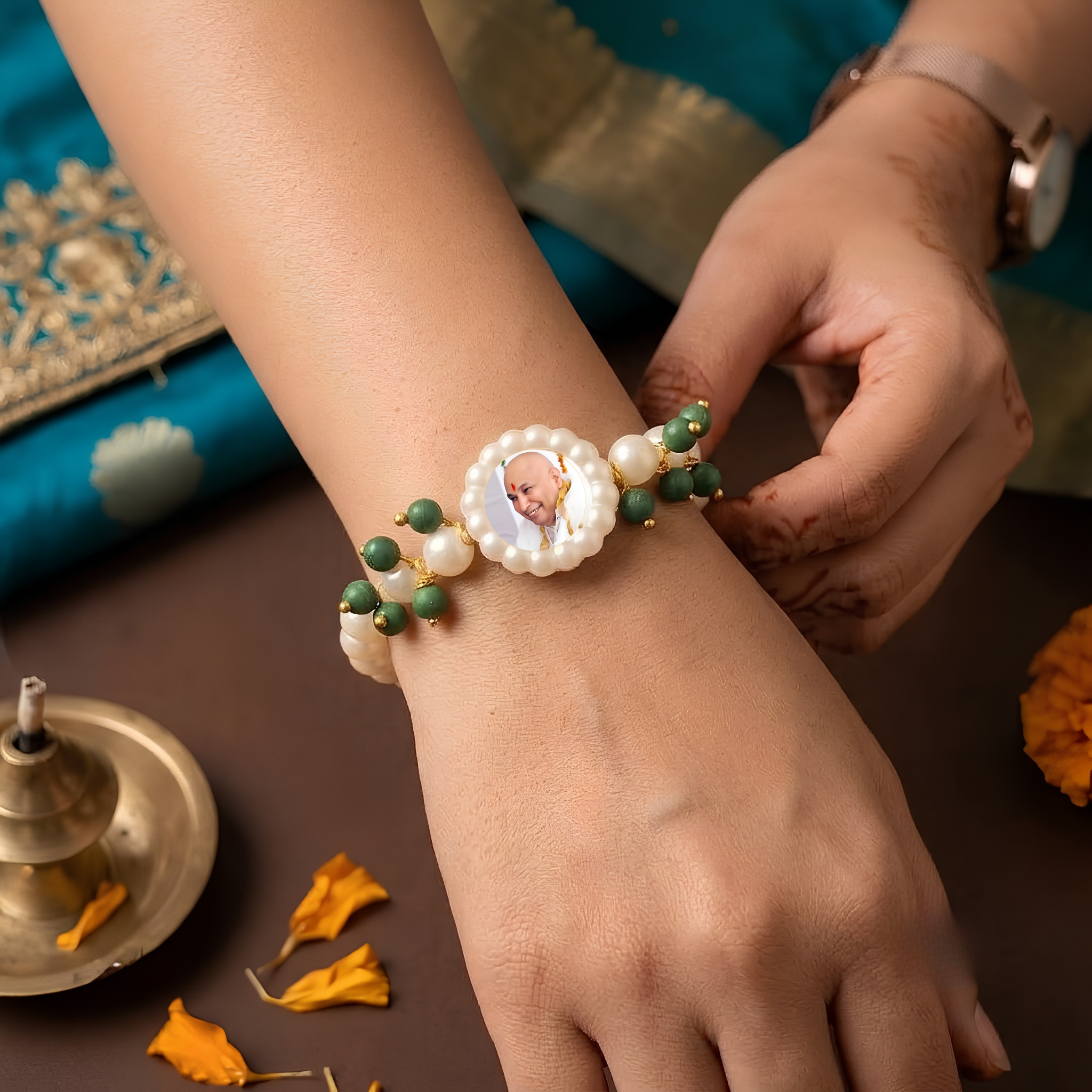 Divine Blessing Faux Pearl Devotional Bracelet with Photo Medallion & Emerald-Green Bead Accents