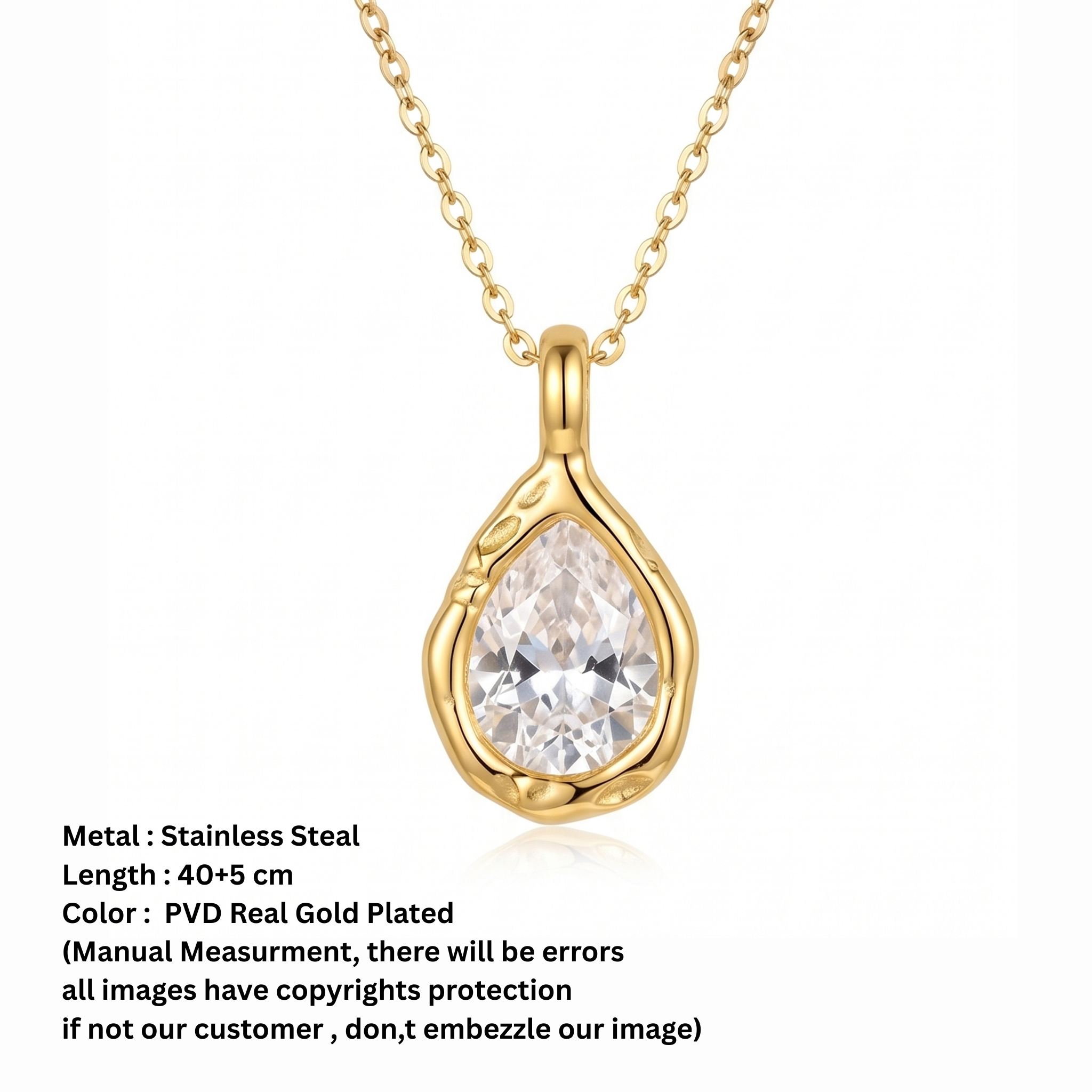 18K Gold Plated Stainless Steel Teardrop Zircon Pendant Necklace