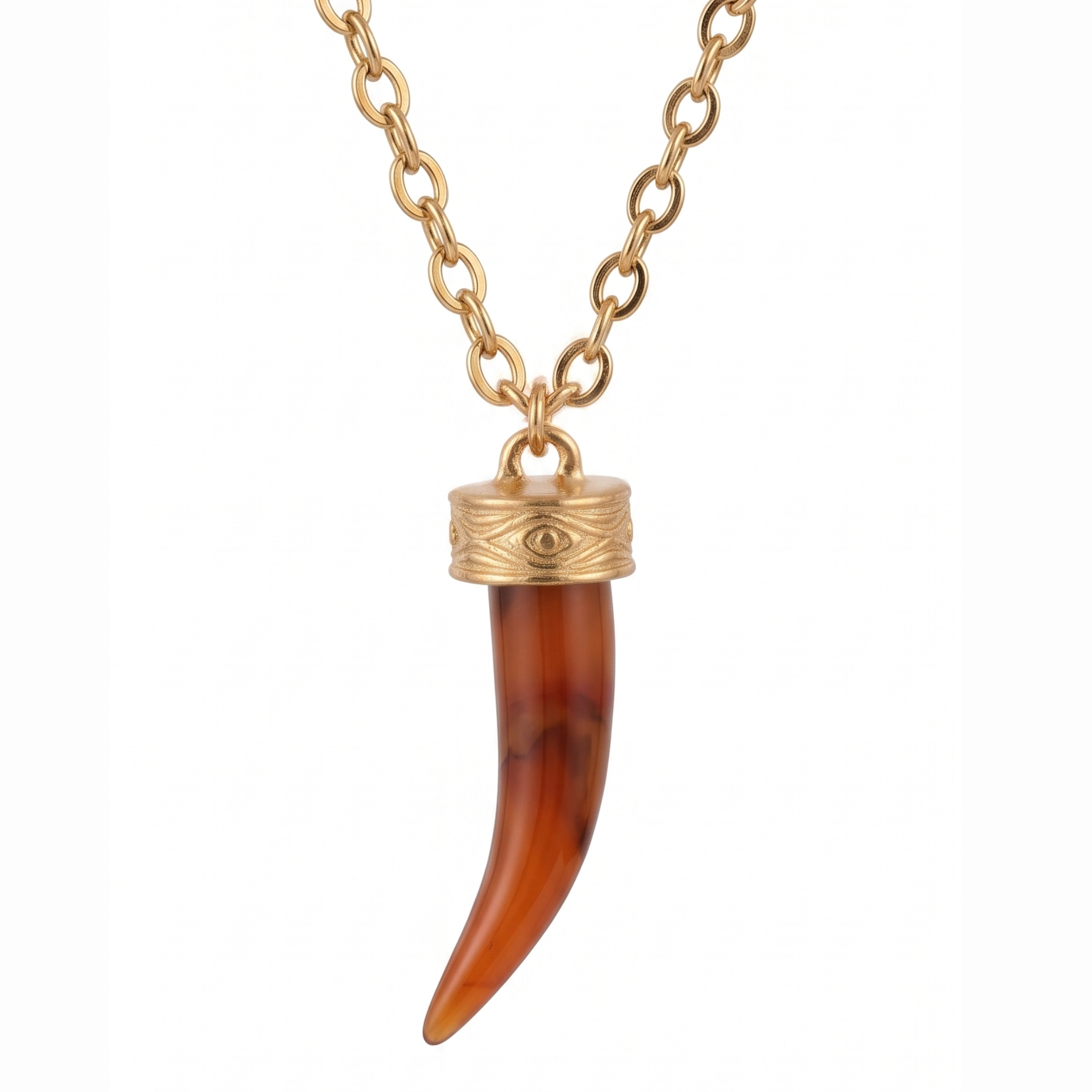 18K Gold Plated Horn Pendant Necklace with Engraved Evil Eye Cap