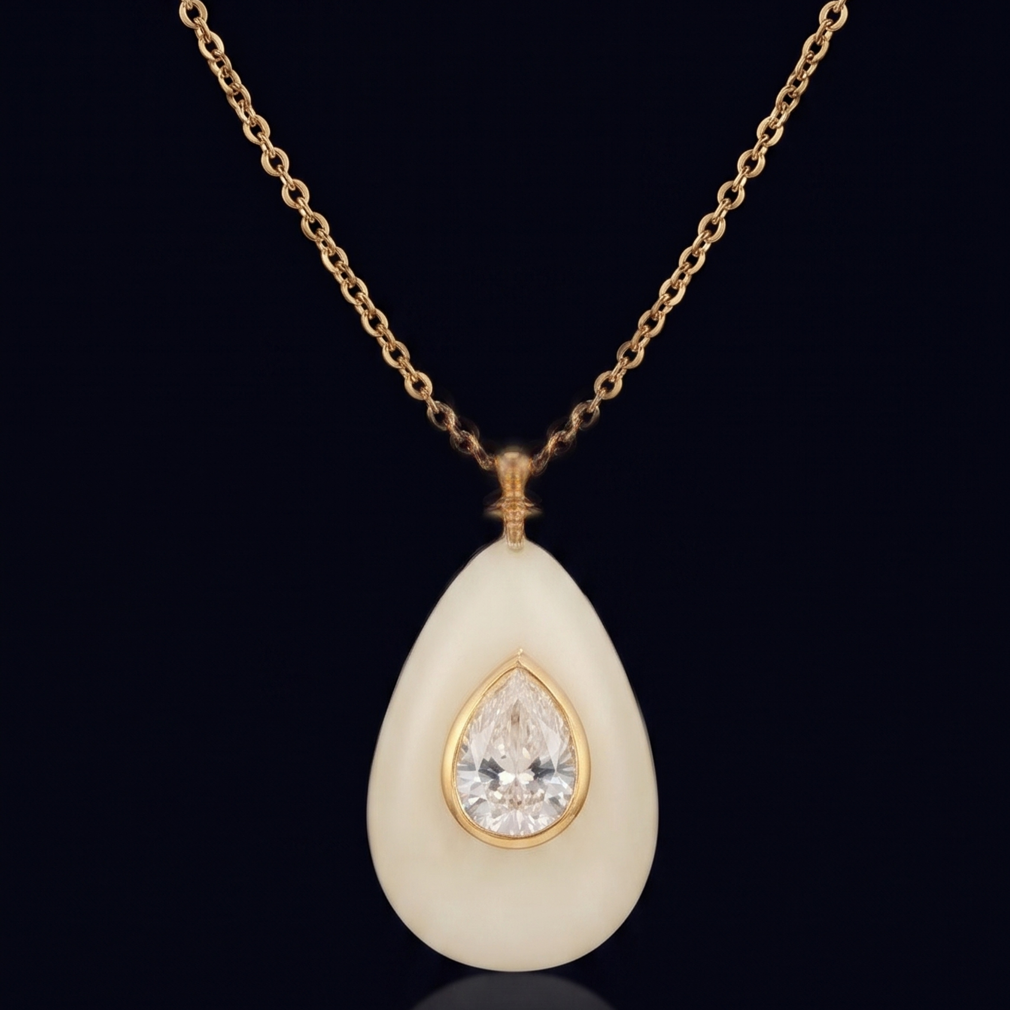 18K Gold Plated White Resin Teardrop Pendant Necklace with Zircon Center