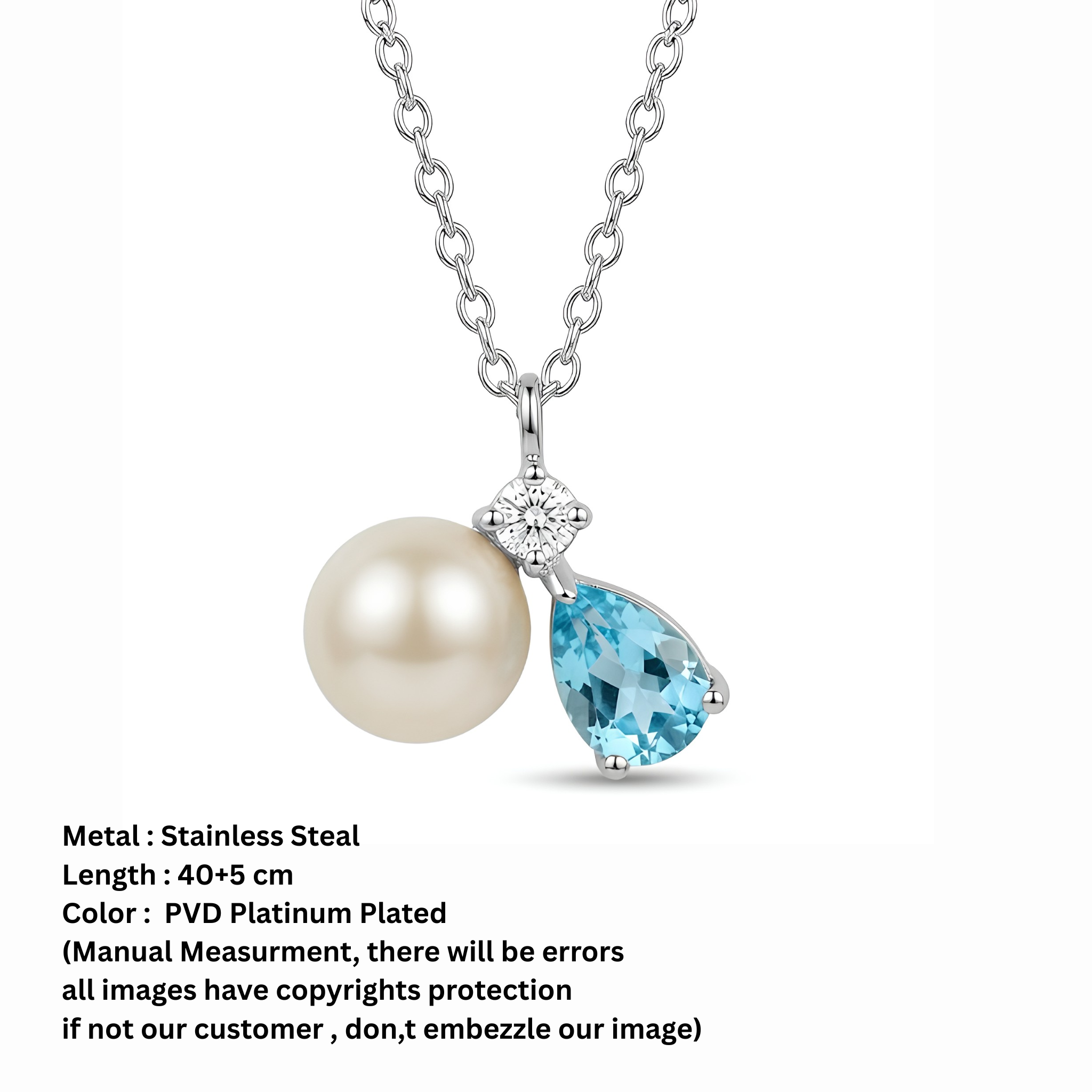 Silver Freshwater Pearl & Aquamarine Zircon Drop Pendant Necklace