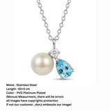 Silver Freshwater Pearl & Aquamarine Zircon Drop Pendant Necklace