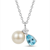 Silver Freshwater Pearl & Aquamarine Zircon Drop Pendant Necklace
