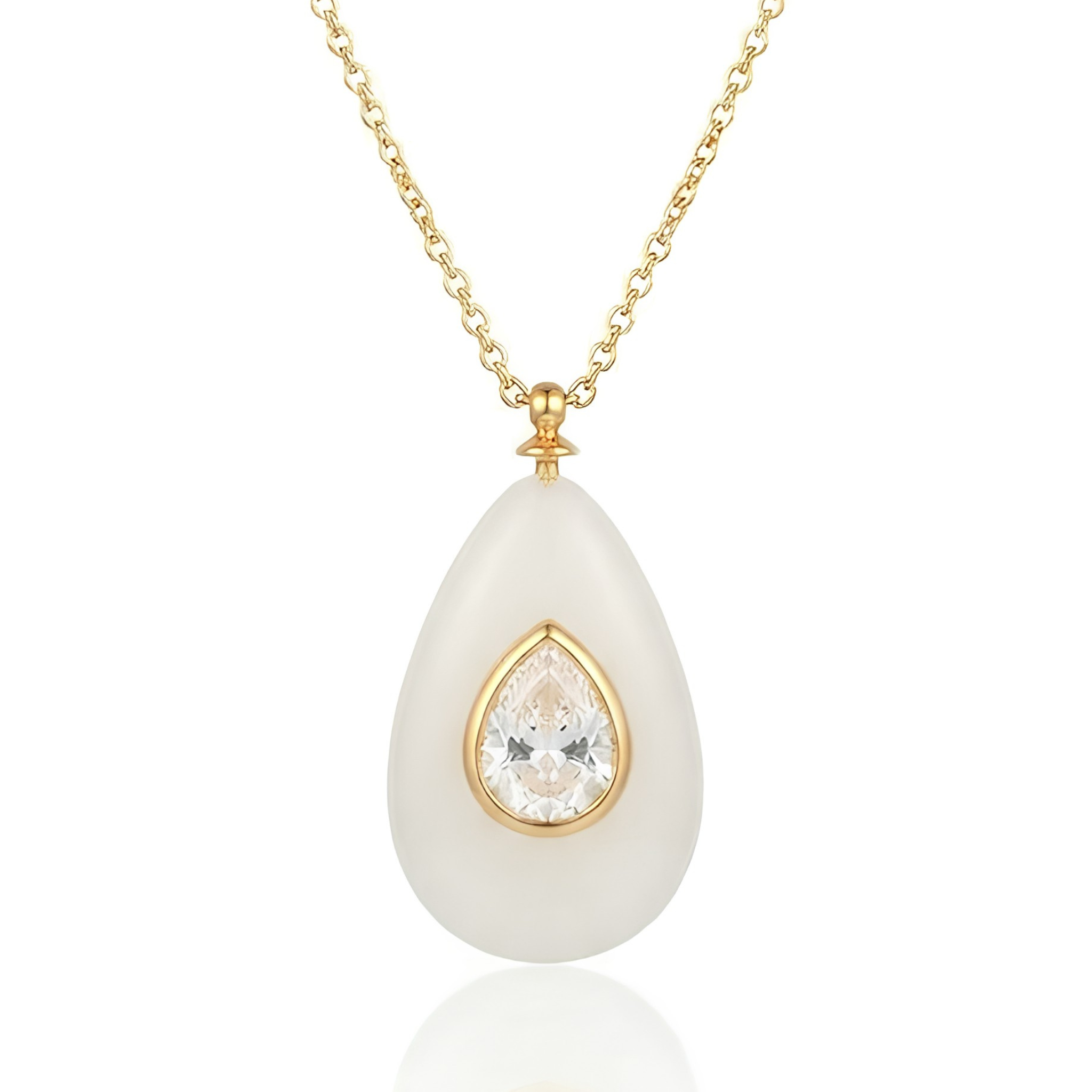 18K Gold Plated White Resin Teardrop Pendant Necklace with Zircon Center