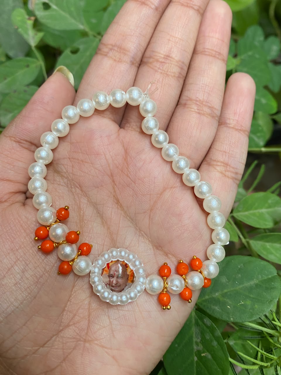 Sacred Divine Blessings Personalized Photo Pearl & Coral Devotional Bracelet