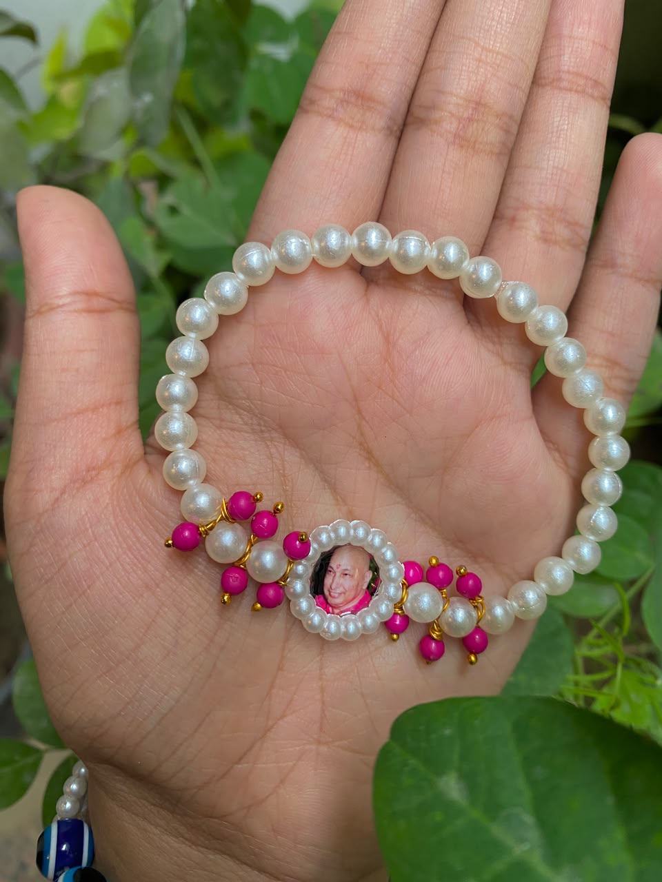 Custom Portrait Pearl and Fuchsia Bead Devotional Necklace