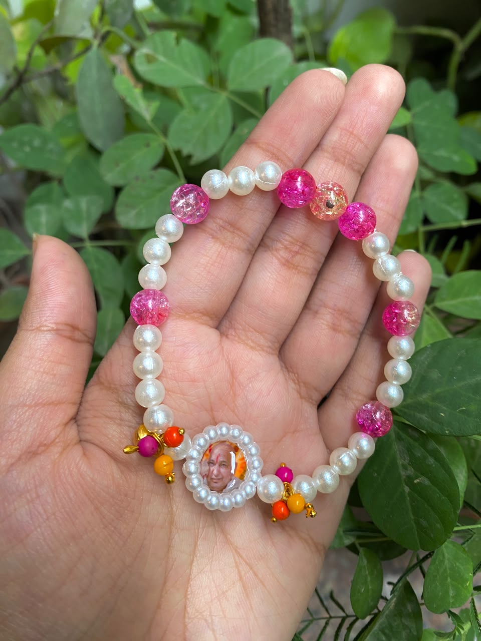 Handcrafted Devotional Pearl & Pink Crackle Glass Bead Bracelet with Floral Photo Medallion