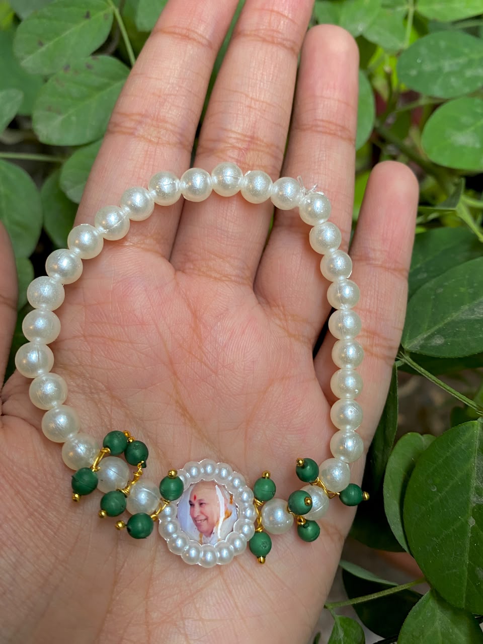 Divine Blessing Faux Pearl Devotional Bracelet with Photo Medallion & Emerald-Green Bead Accents
