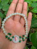 Divine Blessing Faux Pearl Devotional Bracelet with Photo Medallion & Emerald-Green Bead Accents