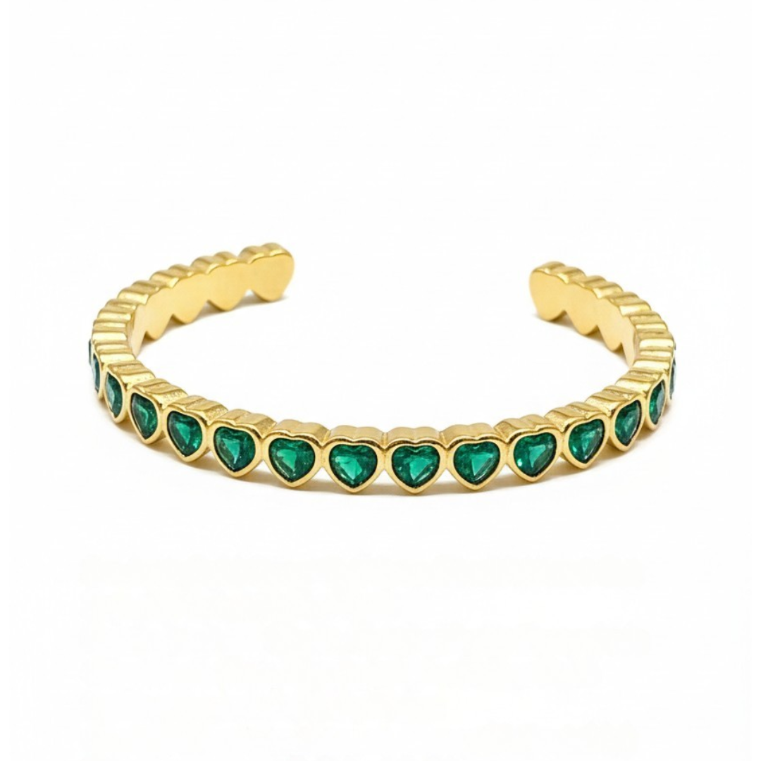 Heart-Cut Emerald Green Crystal Gold-Tone Open Cuff Bangle