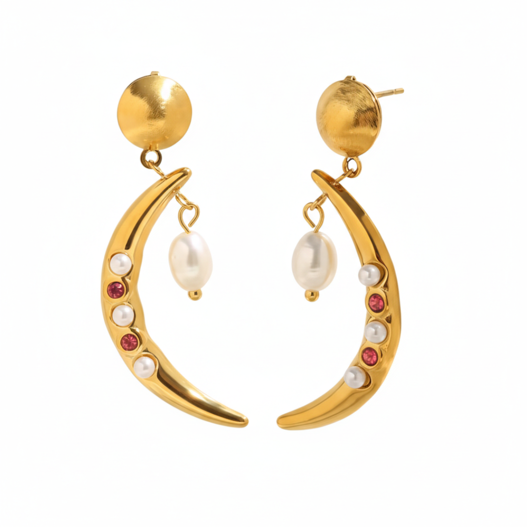 "Lunar Pearl" Crescent Moon Drop Earrings