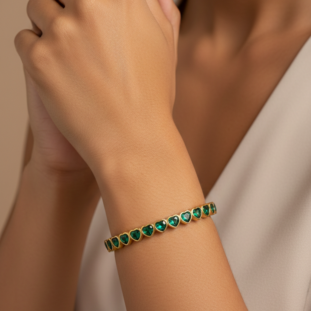 Heart-Cut Emerald Green Crystal Gold-Tone Open Cuff Bangle